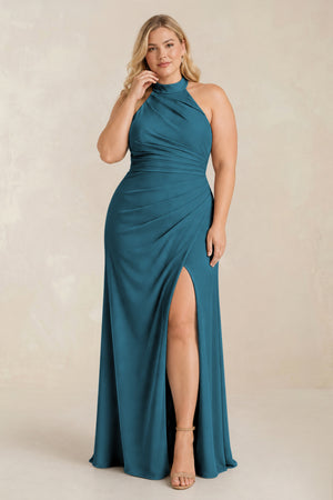 Dark Teal High Neck Chiffon Sheath Ruched Bridesmaid Dress [sizeplus] | KISSBRIDAL