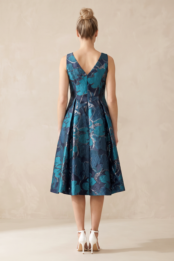 Dark Teal Jacquard A-Line Boat Neck Midi Mother of the Bride Dress With Pockets (2) | KISSBRIDAL