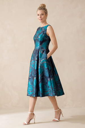 Dark Teal Jacquard A-Line Boat Neck Midi Mother of the Bride Dress With Pockets (3) | KISSBRIDAL