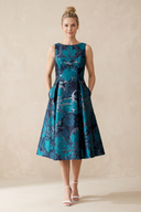 Dark Teal Jacquard A-Line Boat Neck Midi Mother of the Bride Dress With Pockets | KISSBRIDAL