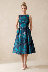 Dark Teal Jacquard A-Line Boat Neck Midi Mother of the Bride Dress With Pockets | KISSBRIDAL