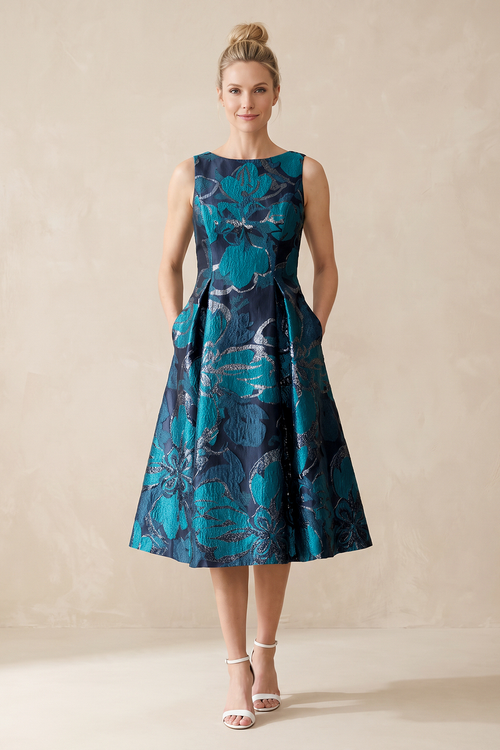 Dark Teal Jacquard A-Line Boat Neck Midi Mother of the Bride Dress With Pockets | KISSBRIDAL