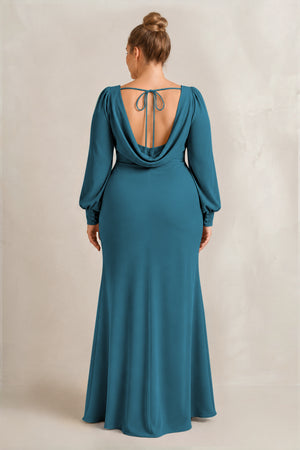 Dark Teal Long Sleeve V-Neck Sheath Chiffon Bridesmaid Dress (2) [sizeplus] | KISSBRIDAL