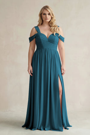 Dark Teal Off-the-Shoulder A-Line Chiffon Bridesmaid Dress With Slit | KISSBRIDAL