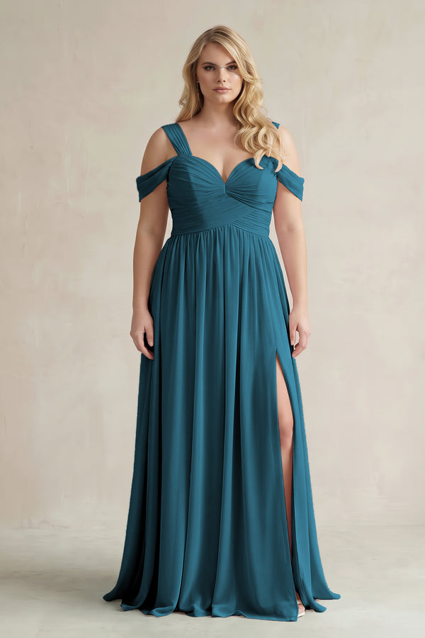 Dark Teal Off-the-Shoulder A-Line Chiffon Bridesmaid Dress With Slit | KISSBRIDAL