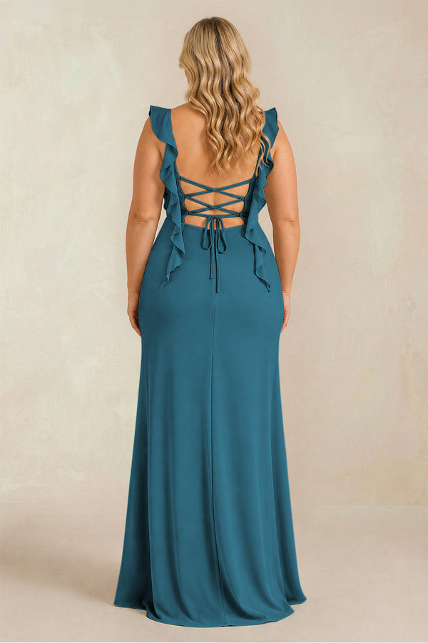 Dark Teal Ruffled Sleeve Ruched Sheath Chiffon Bridesmaid Dress (2) [sizeplus] | KISSBRIDAL