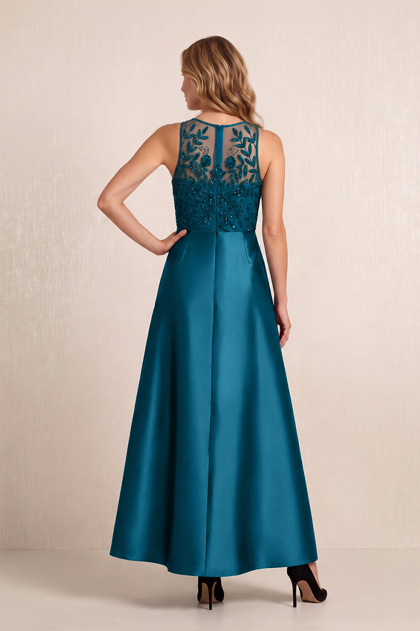 Dark Teal Satin A-Line Appliqued Illusion Neck Midi Mother of the Bride Dress