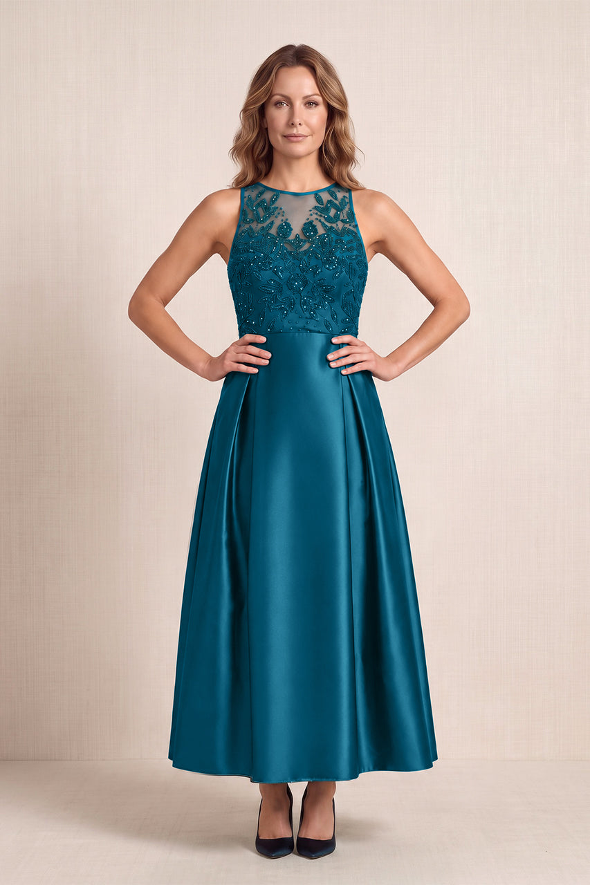 Dark Teal Satin A-Line Appliqued Illusion Neck Midi Mother of the Bride Dress