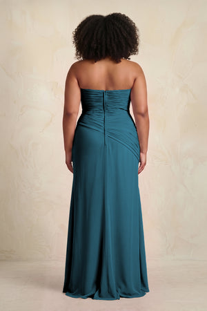 Dark Teal Sheath Chiffon Strapless Pleated Bridesmaid Dress (2) | KISSBRIDAL[sizeplus]