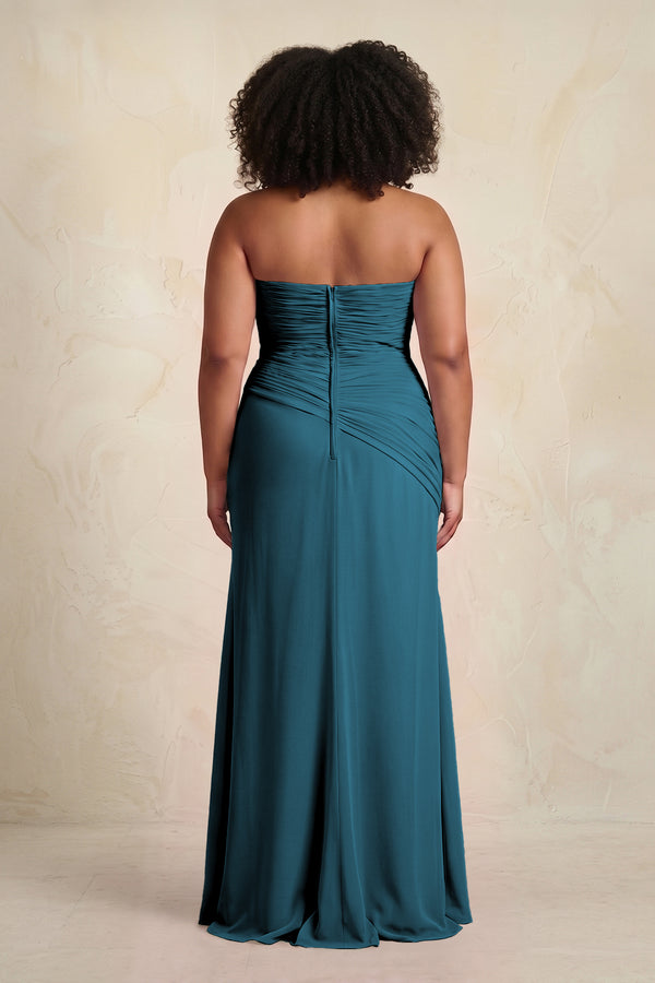 Dark Teal Sheath Chiffon Strapless Pleated Bridesmaid Dress (2) | KISSBRIDAL[sizeplus]