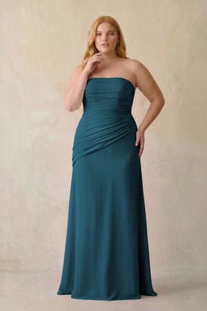 Dark Teal Sheath Chiffon Strapless Pleated Bridesmaid Dress (3) | KISSBRIDAL[sizeplus]