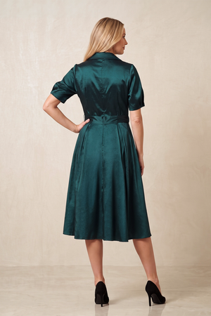 Dark Teal Short Sleeves A-Line Satin Mother of the Bride Dress With Belt (2) | KISSBRIDAL
