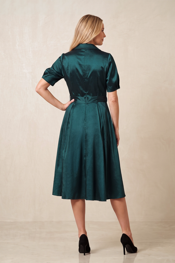 Dark Teal Short Sleeves A-Line Satin Mother of the Bride Dress With Belt (2) | KISSBRIDAL