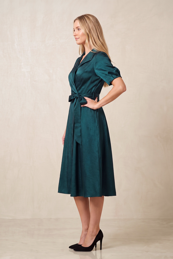 Dark Teal Short Sleeves A-Line Satin Mother of the Bride Dress With Belt (3) | KISSBRIDAL