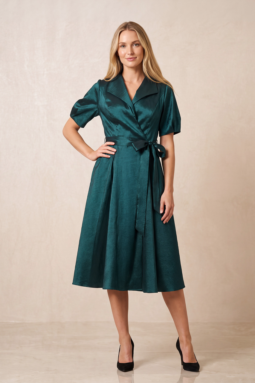 Dark Teal Short Sleeves A-Line Satin Mother of the Bride Dress With Belt