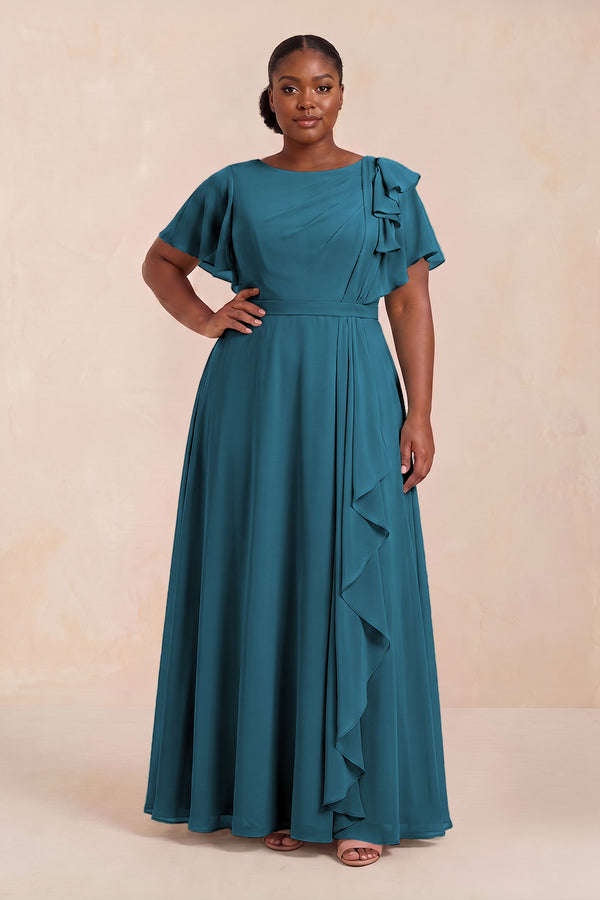 Dark Teal Short Sleeves Bateau A-Line Chiffon Bridesmaid Dress (3) [sizeplus] | KISSBRIDAL
