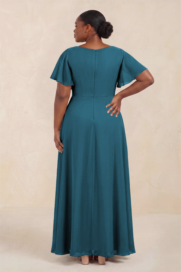 Dark Teal Short Sleeves Bateau A-Line Chiffon Bridesmaid Dress (4) [sizeplus] | KISSBRIDAL