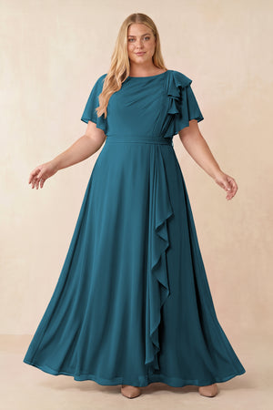 Dark Teal Short Sleeves Bateau A-Line Chiffon Bridesmaid Dress [sizeplus] | KISSBRIDAL