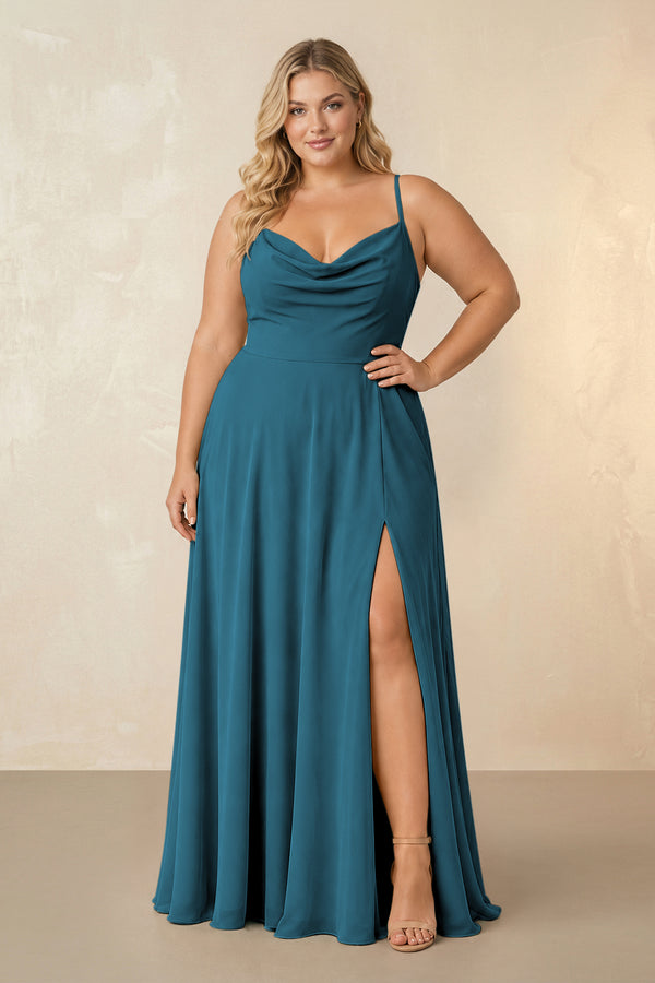 Dark Teal Spaghetti Straps Chiffon A-Line Bridesmaid Dress [sizeplus] | KISSBRIDAL