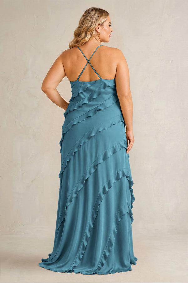 Dark Teal Spaghetti Straps Sheath Stain Ruffled Bridesmaid Dress (2) | KISSBRIDAL[sizeplus]
