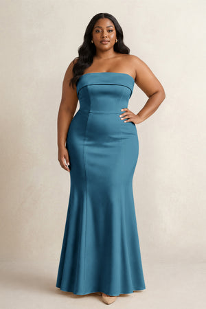 Dark Teal Strapless Satin Mermaid Bridesmaid Dress (3) [sizeplus] | KISSBRIDAL