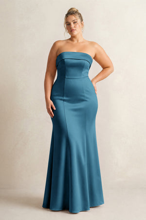 Dark Teal Strapless Satin Mermaid Bridesmaid Dress [sizeplus] | KISSBRIDAL