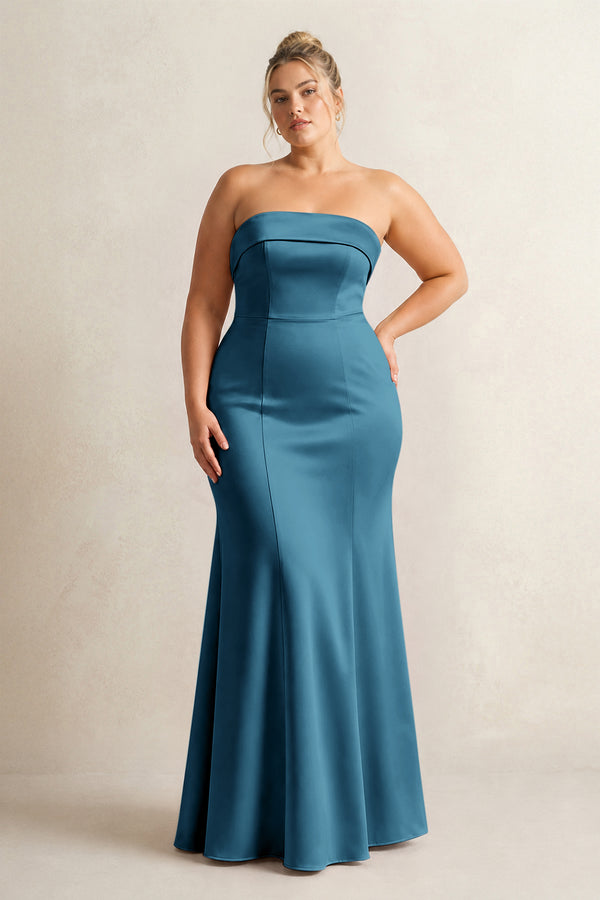 Dark Teal Strapless Satin Mermaid Bridesmaid Dress [sizeplus] | KISSBRIDAL