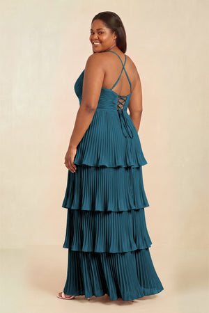 Dark Teal Tiered Pleated V-Neck A-Line Chiffon Bridesmaid Dress (2) [sizeplus] | KISSBRIDAL