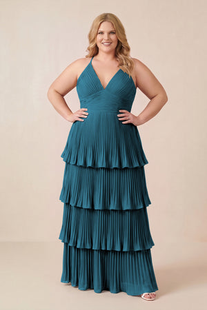 Dark Teal Tiered Pleated V-Neck A-Line Chiffon Bridesmaid Dress (3) [sizeplus] | KISSBRIDAL