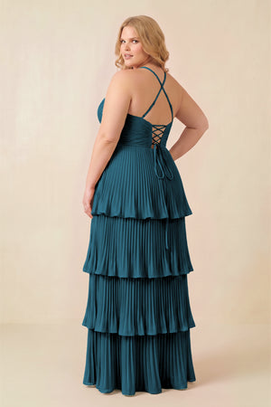 Dark Teal Tiered Pleated V-Neck A-Line Chiffon Bridesmaid Dress (4) [sizeplus] | KISSBRIDAL