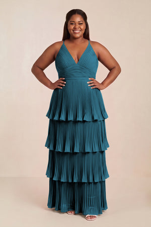 Dark Teal Tiered Pleated V-Neck A-Line Chiffon Bridesmaid Dress [sizeplus] | KISSBRIDAL