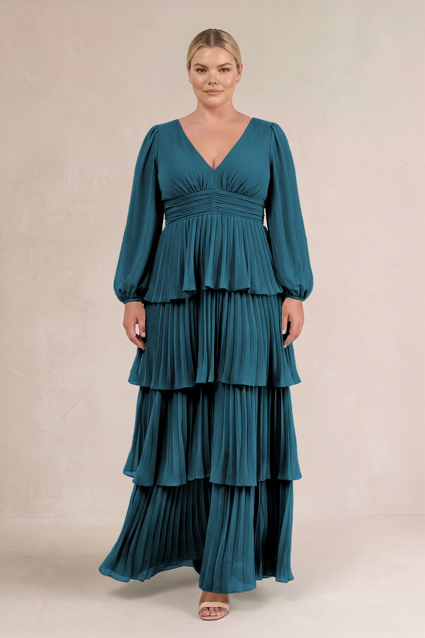 Dark Teal V-Neck Tiered A-Line Long Sleeve Bridesmaid Dress (3) [sizeplus] | KISSBRIDAL