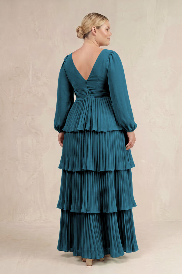 Dark Teal V-Neck Tiered A-Line Long Sleeve Bridesmaid Dress (4) [sizeplus] | KISSBRIDAL