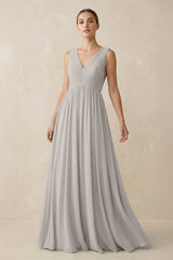 Deep V - Neck Pleated A - Line Chiffon Bridesmaid Dress in Sliver- KISS BRIDAL Bridesmaid Dresses