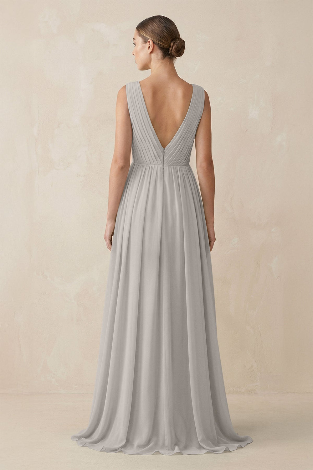 Deep V - Neck Pleated A - Line Chiffon Bridesmaid Dress in Sliver- KISS BRIDAL Bridesmaid Dresses