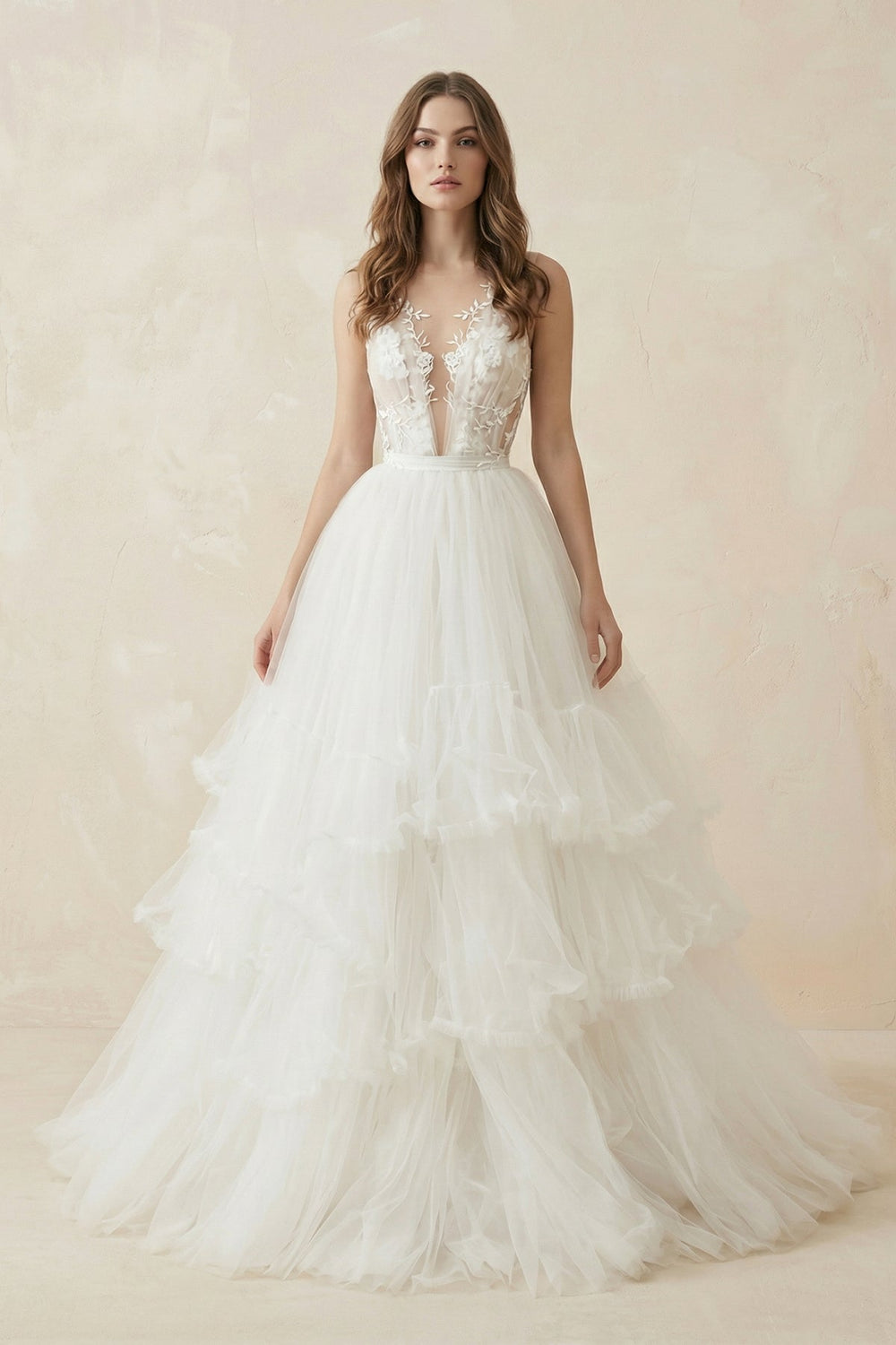 Deep V A - Line Tulle Appliqued Wedding Dress in White - KISS BRIDAL Wedding Dresses
