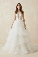 Deep V A - Line Tulle Appliqued Wedding Dress in White - KISS BRIDAL Wedding Dresses