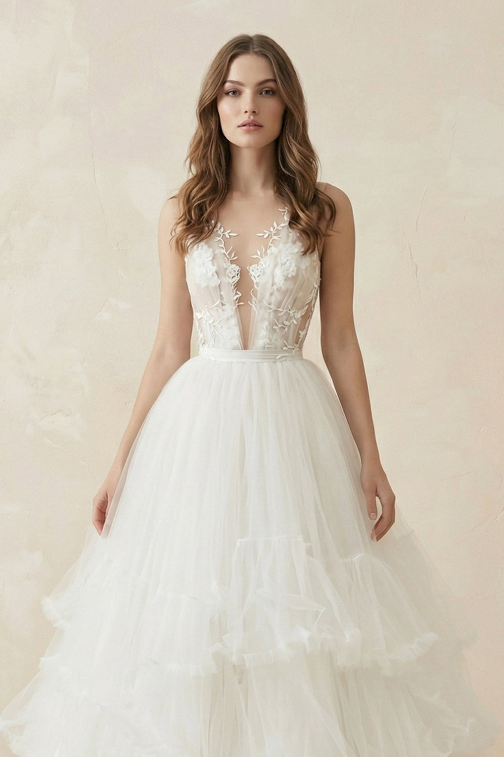 Deep V A - Line Tulle Appliqued Wedding Dress in White - KISS BRIDAL Wedding Dresses