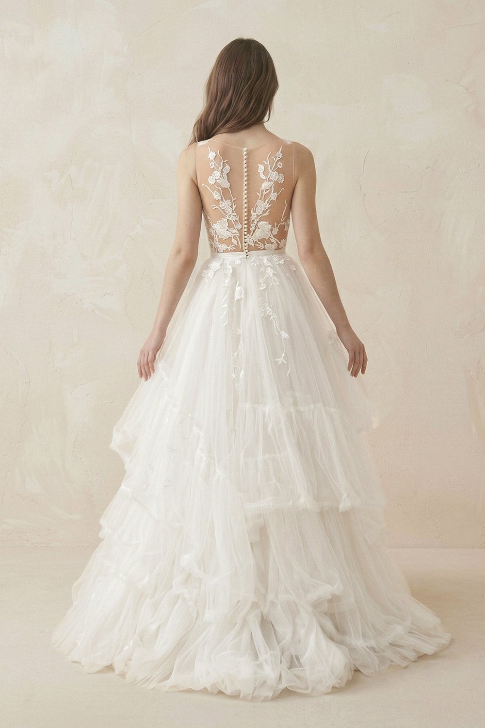 Deep V A - Line Tulle Appliqued Wedding Dress in White - KISS BRIDAL Wedding Dresses