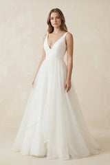 Deep V - Neck Chiffon Maxi Wedding Dress in White - KISS BRIDAL Wedding Dresses