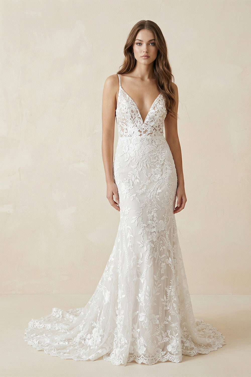 Deep V Neck Lace Mermaid Wedding Dress With Appliques in White - KISS BRIDAL Wedding Dresses