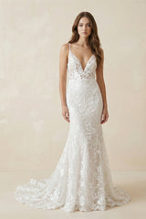 Deep V Neck Lace Mermaid Wedding Dress With Appliques in White - KISS BRIDAL Wedding Dresses