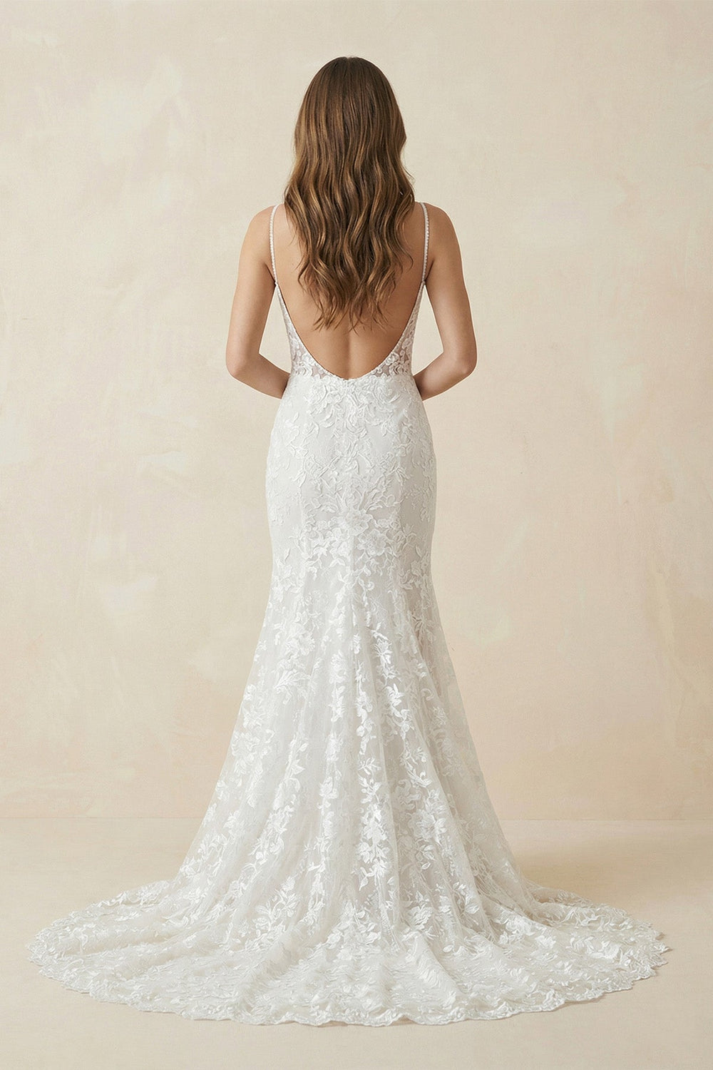 Deep V Neck Lace Mermaid Wedding Dress With Appliques in White - KISS BRIDAL Wedding Dresses
