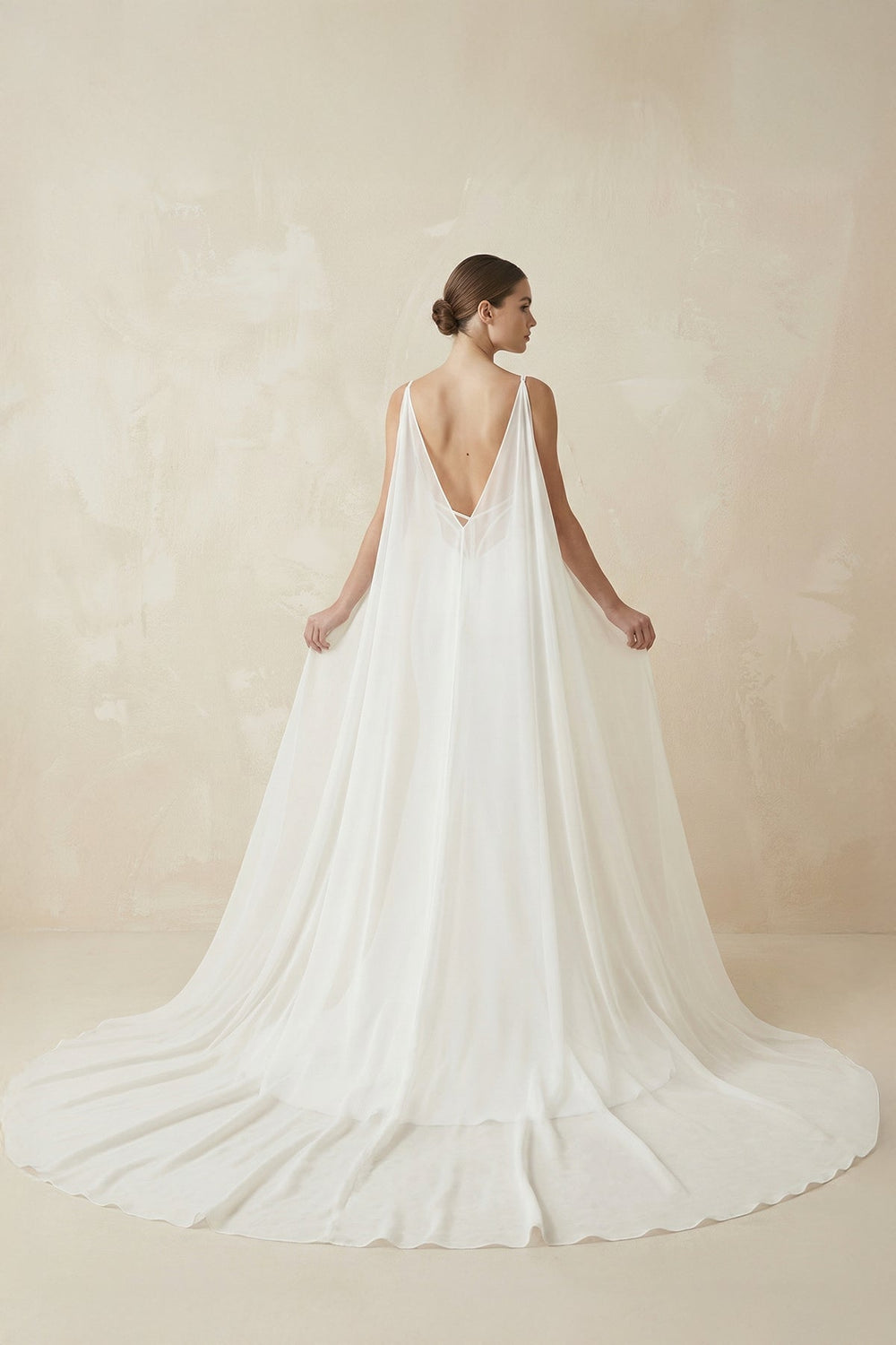 Deep V - Neck Mermaid Chiffon Wedding Dress Detachable Cape in White - KISS BRIDAL Wedding Dresses