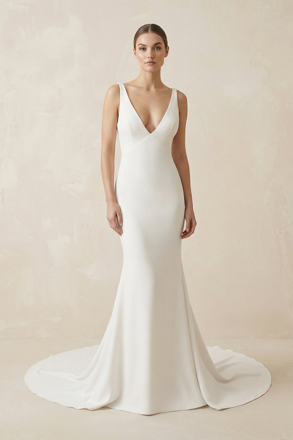 Deep V - Neck Mermaid Chiffon Wedding Dress Detachable Cape in White - KISS BRIDAL Wedding Dresses