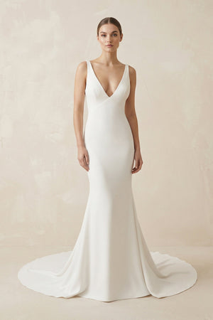 Deep V - Neck Mermaid Chiffon Wedding Dress Detachable Cape in White - SHE IS ME Wedding Dresses