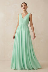 Deep V-Neck Pleated A-Line Chiffon Bridesmaid Dress in Pale Pistachio - KISS BRIDAL BRIDESMAID DRESSES