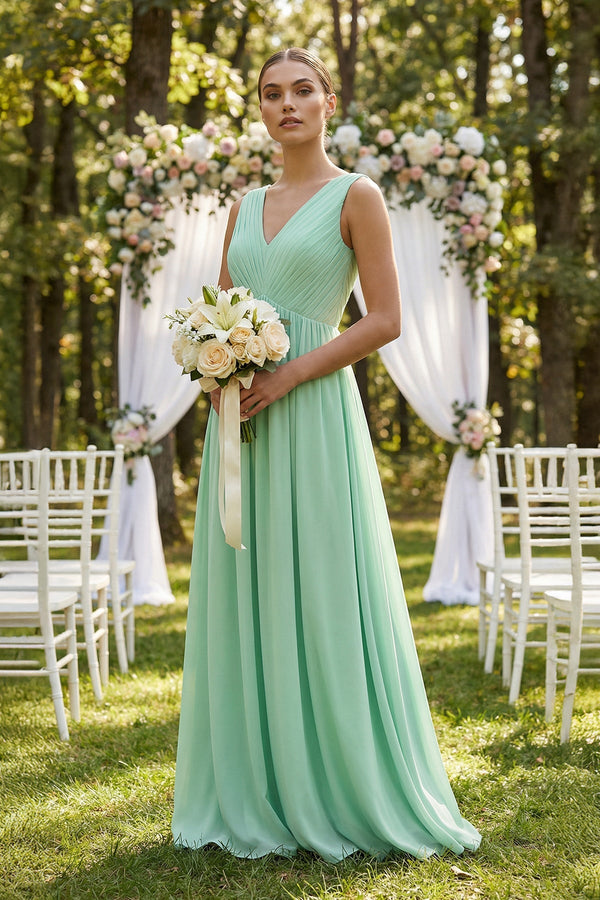 Deep V-Neck Pleated A-Line Chiffon Bridesmaid Dress in Pale Pistachio - SHE IS ME BRIDESMAID DRESSES