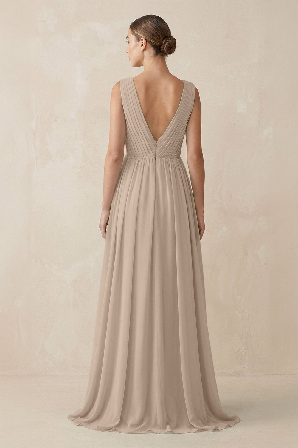 Deep V - Neck Pleated A - Line Chiffon Bridesmaid Dress in Almond - SHE IS ME Bridesmaid Dresses