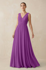 Deep V - Neck Pleated A - Line Chiffon Bridesmaid Dress in Amethyst - KISS BRIDAL Bridesmaid Dresses